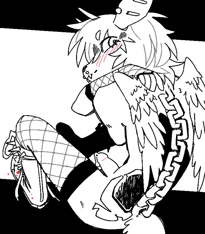 A nude trans nonbinary deer peers over their shoulder at you. Heavy chains trail down their back forming their spine with angel wings sprouting from their shoulder blades. They're wearing nothing but bloodied knee high converse and fishnets. Pre leaks out from their tip; Art Post ; Character owned by @deerwolfa.bsky.social