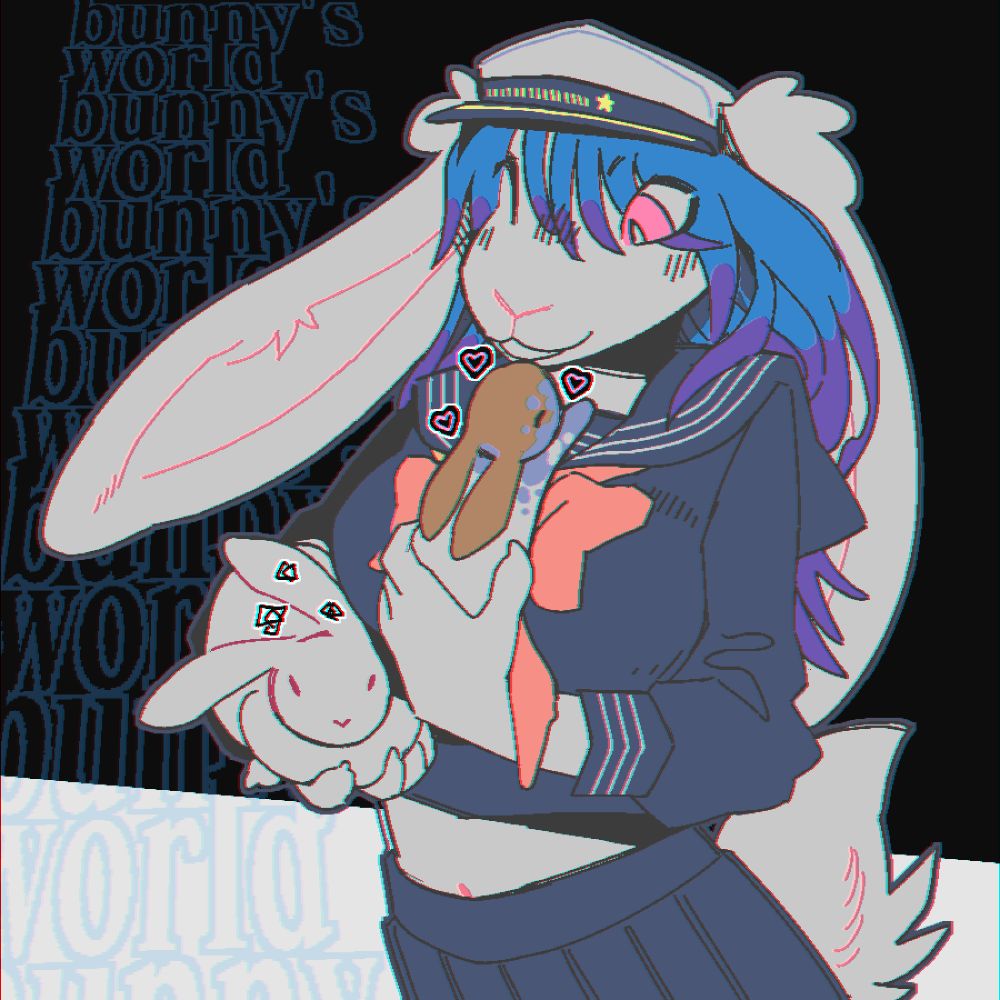 Bunny holding her two pet bunnies, an Angora and a Flemish Giant ; Art post