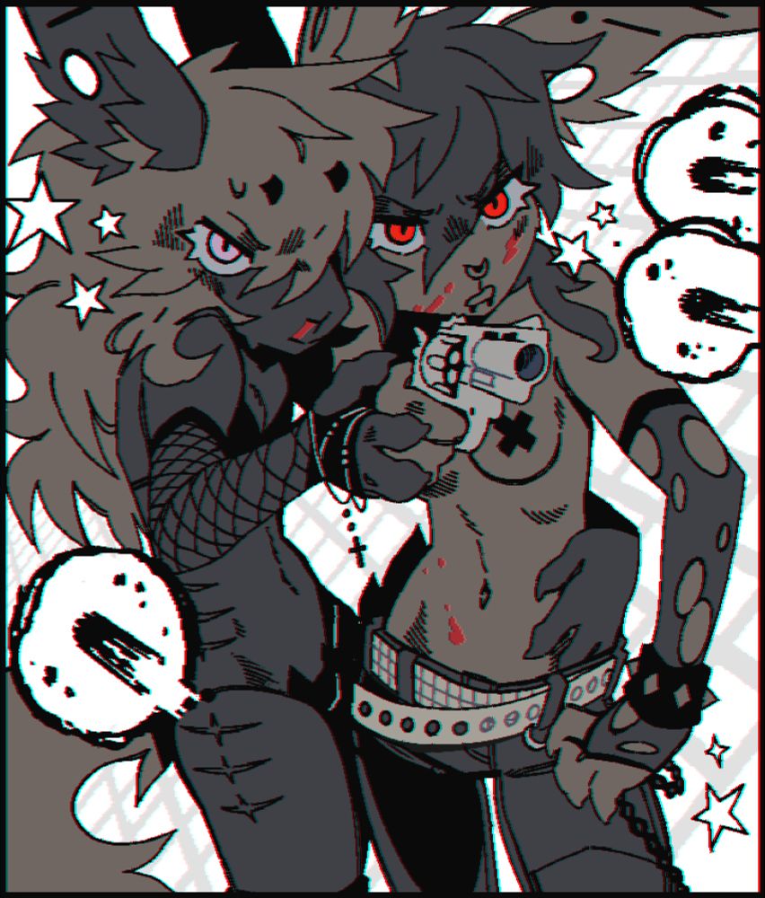 Roxxy the demon (left) and Alexis the bunny (right) blast rounds into their enemy. Scantily clad and with fierce determination in their eyes. Roxxy embraces Alexis, guiding her paw and imbuing each round with cursed energy; Art Post ; Alexis is owned by @gutterbunny.bsky.social
