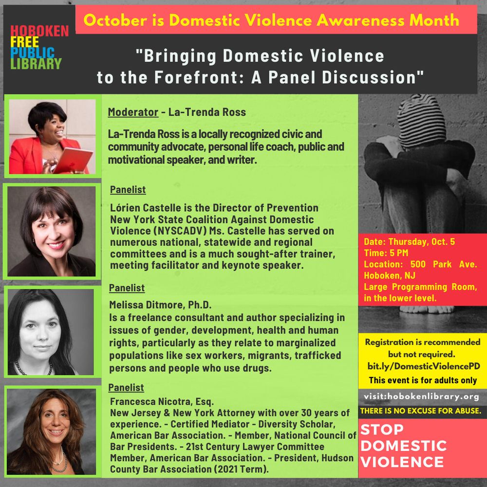 Flyer for event at Hoboken Public Library main branch October 5th at 5 PM, with LaTrenda Ross, Lorien Castelle, Melissa Ditmore, and Francesca Nicotra.