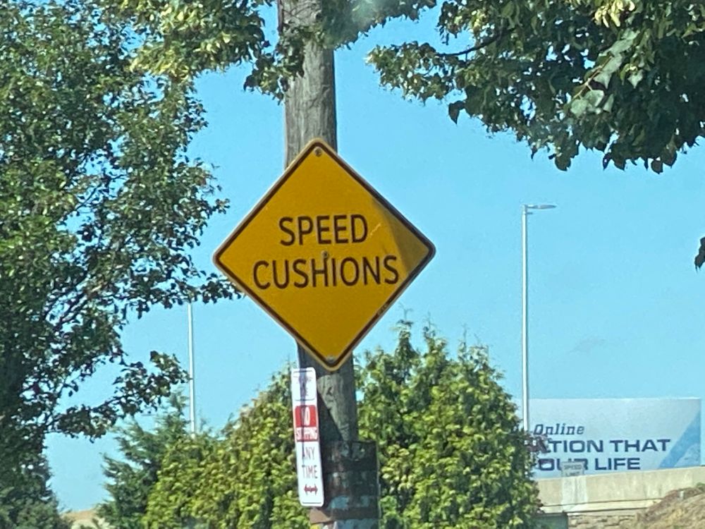 Yellow street sign that says Speed Cushions. 