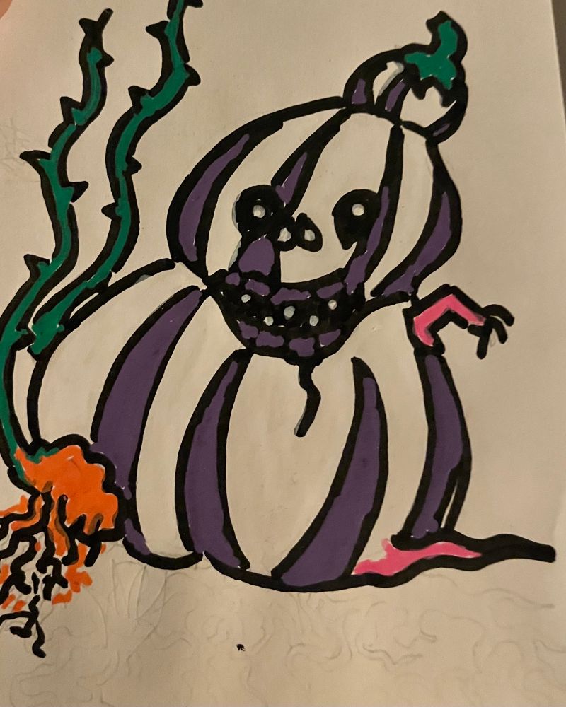 Little freak. He’s a sort of purple striped gourd man with horrible peg teeth and a skull like face and a deformed little pink claw arm and a pink little foot thing and a root ball and some spiky vines coming out of him. I hate him but I made him. This must be how god feels about humanity 