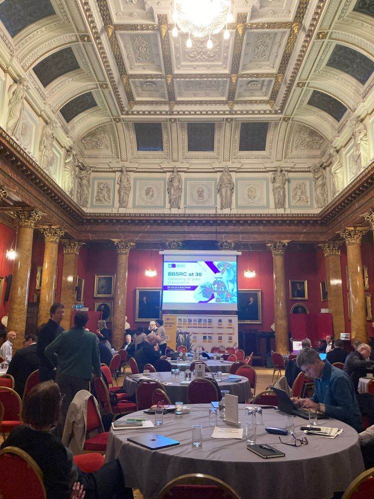 The interior of the Royal Society of physicians hall in Edinburgh. A grand hall with marble pillars forming a gallery around with carved statues above and a highly decorated ceiling. Now with tables and people chatting