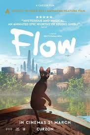 Promo poster for the animated film FLOW, depicting a curious black cat sitting on the prow of a boat, sailing towards mysterious distant ruins. Blurry birds and pull quotes, as it's a low-res image. The color scheme and exploratory vibe of FLOW reminded me a lot of BREATH OF THE WILD, is all I'm saying. 