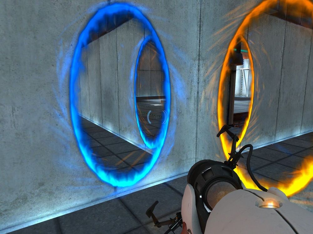 Screenshot from the first Portal game, showcasing the way you can look at your own portals through them by putting them in specific points in a corner. A portal-ception, if you will. 
This game is the one that blew my mind the most in my life, and the game that made me say “wait, you can do THIS???” Insane. Perfect. Forever one of my faves. 
The second game is good too, but I prefer the simpler story in this one. The second one has greatness to it too, but sometimes it does a little bit too much imo, while adding mechanics that don’t really make it an inherently better experience. But 2 is definitely great too, don’t get me wrong. 