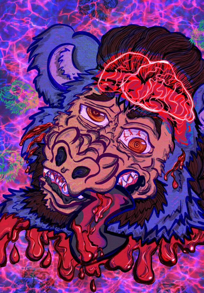 Maseo the Purple Bear Gorilla hybrid with his head loose on the ground, head is in disheveled condition. He has multiple claw gashes on his right cheek, blood dripping out his mouth and off his tongue, a wound on left side head area,and a huge amount of blood coming below his decapitated head. Facial expression is exacerbated and crazed. His teeth are clenched with his tongue sticking out and hitting the ground. Left eye is bloodshot and unresponsive and the right eye is exhausted pained trying to focus. Overlay of a brain on Maseo’s forehead with bright and dark red undertones.