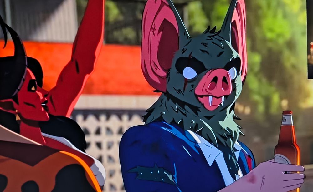 Sonar from the video game Dispatch. He is half  man ,half bat. He has a cut on his right eye. Holding a beer and smiling. Malevola is cheering on the left. 