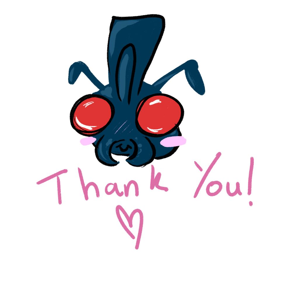 Cartoon sky horn beetle from Sigils of Malice saying, "Thank you!"

They're a blue beetle with red eyes and a horn on their head.