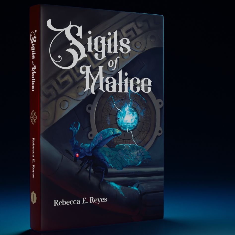 3D render of the book, Sigils of Malice, featuring a magical, horned blue beetle with red eyes sprinkling glittering dust on magical technology lit by a blue gem.

Art by Elora Ladd
Book by Rebecca E. Reyes