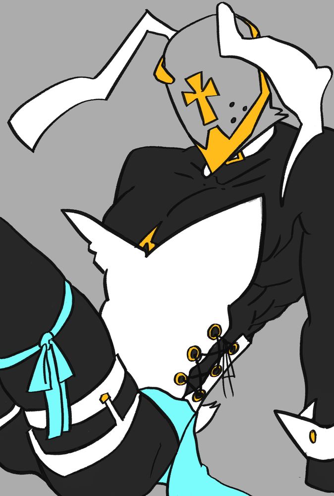 A drawing of the character Gabriel from the video game series Ultrakill wearing a white bunny suit with ears and a revealing corset top. He is leaning back on both hands, with a white cuff with a gold button. There is a light blue ribbon wrapped around his waist and another on his left leg in the foreground of the drawing. 