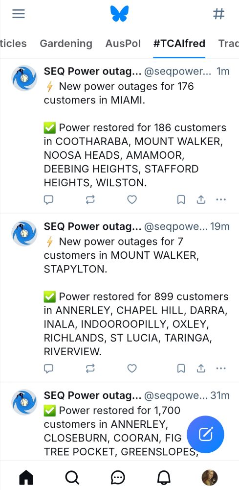 My Bluesky page, #TCAlfred is at the top of screen, power outage and restorations are listed as recently as 1 minute ago.