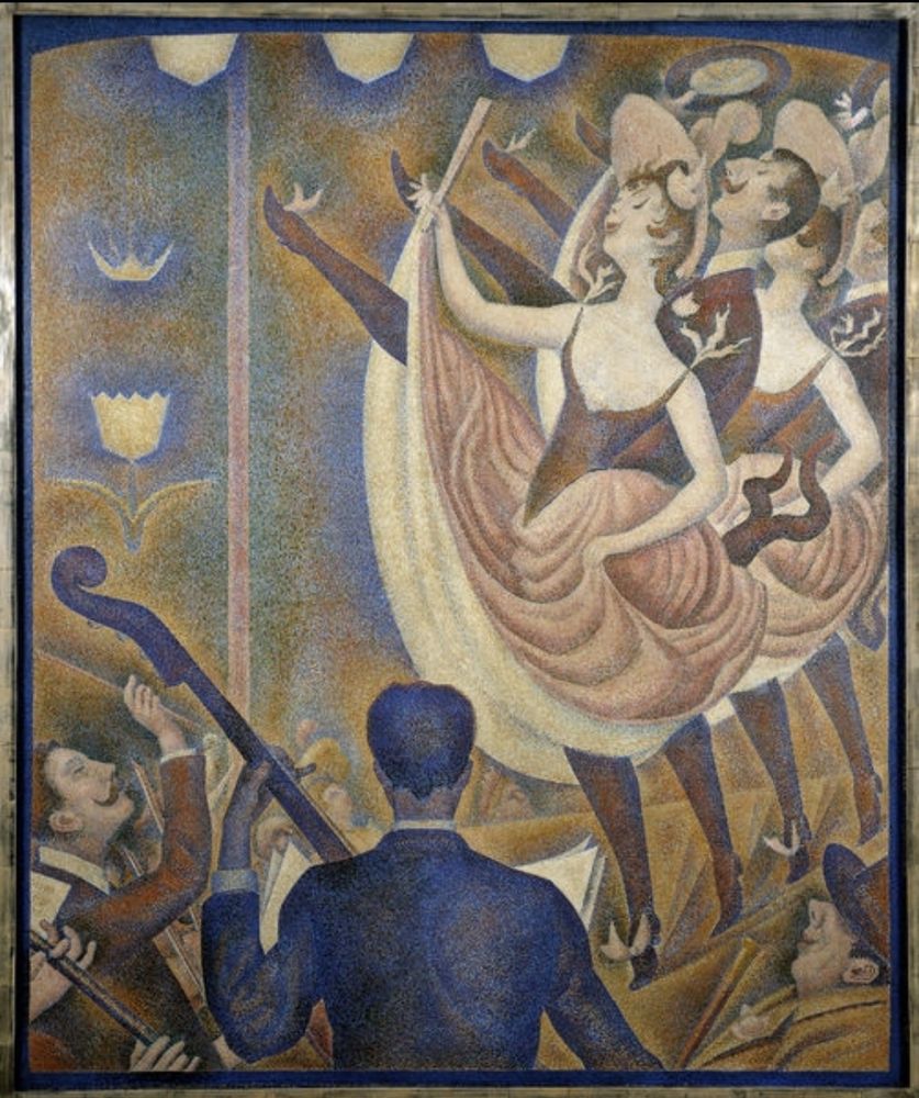 Painting by Georges Seurat, 1889-90, called Le Chahut.
An orchestra is in the lower left, dancers in skimpy costumes are high-kicking, and an appreciative male audience member has a good view of the dancer's legs.