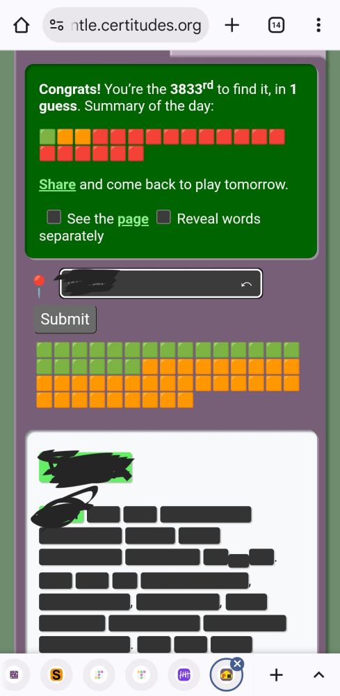 A word puzzle. Words are blanked out. The word that's been found is in Green, but I've obscured it to avoid spoilers.
One of the blanked out words appears to be a normal character, a subscript character, a normal character.
Perhaps a chemical formula.
The target word is 5 letters.