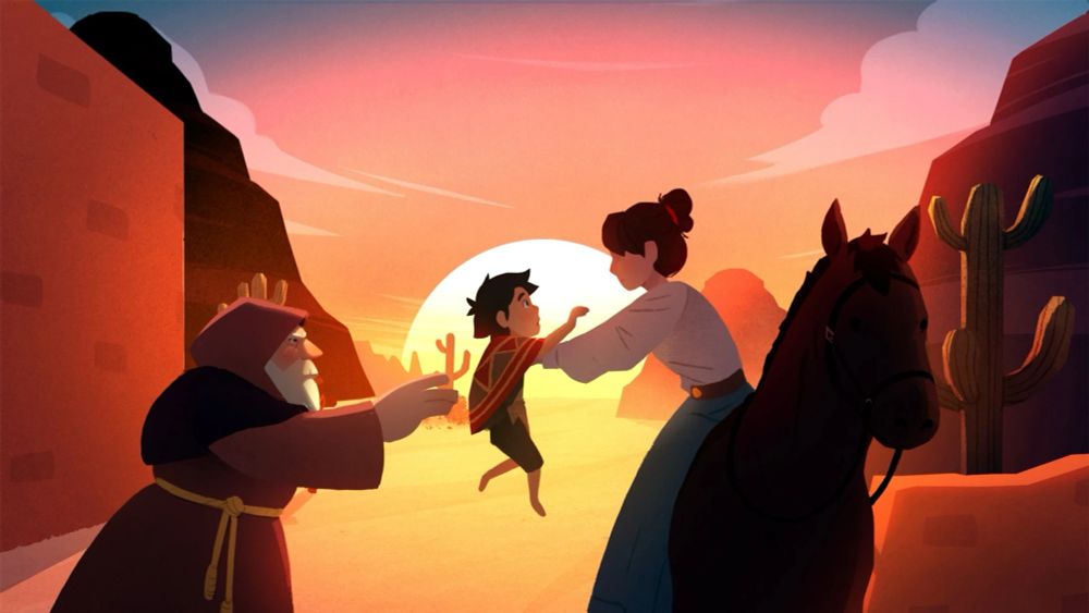 An old man passes a child to a woman riding a horse. 