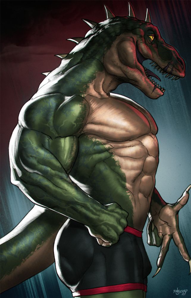 Digital painting of an anthro t-rex character. They're shown in a profile view, facing to the right of the image. The piece crops around their upper thigh, displaying a highly muscular bodybuilder-esque physique focused on highly developed arms and torso.
Digital painting of an anthro t-rex character. They're shown in a profile view, facing to the right of the image. The piece crops around their upper thigh, displaying a highly muscular bodybuilder-esque physique focused on highly developed arms and torso.