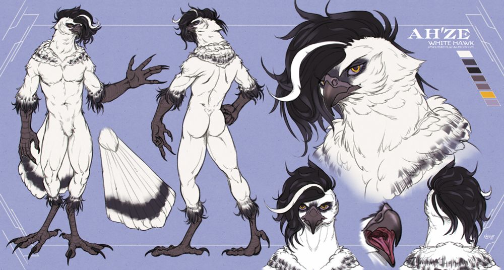 Character reference sheet of a masculine presenting anthro avian furry character against a pale purple background. They are a white hawk with black mask-like markings around their eyes, and a medium long black feathery hairstyle with a single white streak. Their hair falls over one side of their face and they have slightly pronounced plumage around their shoulders in a "boa" shape. Their eyes have bright yellow irises and dull lavender sclera. Text in image reads "AH'ZE   WHITE HAWK   PSEUDASTUR ALBICOLLIS"