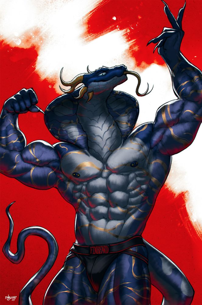 Digital painting of an anthro cobra character. They have a massive, highly defined bodybuilder's physique and are showing off with a competition pose, both arms up, biceps flexed, one arm raised with a jaunty hand gesture. Their hood is flared and their forked tongue is out. Their body coloration is varying shades of blue, with visible heart-shaped markings, and across most of their body, golden metallic veins resembling kintsugi stretch out in rivulets.