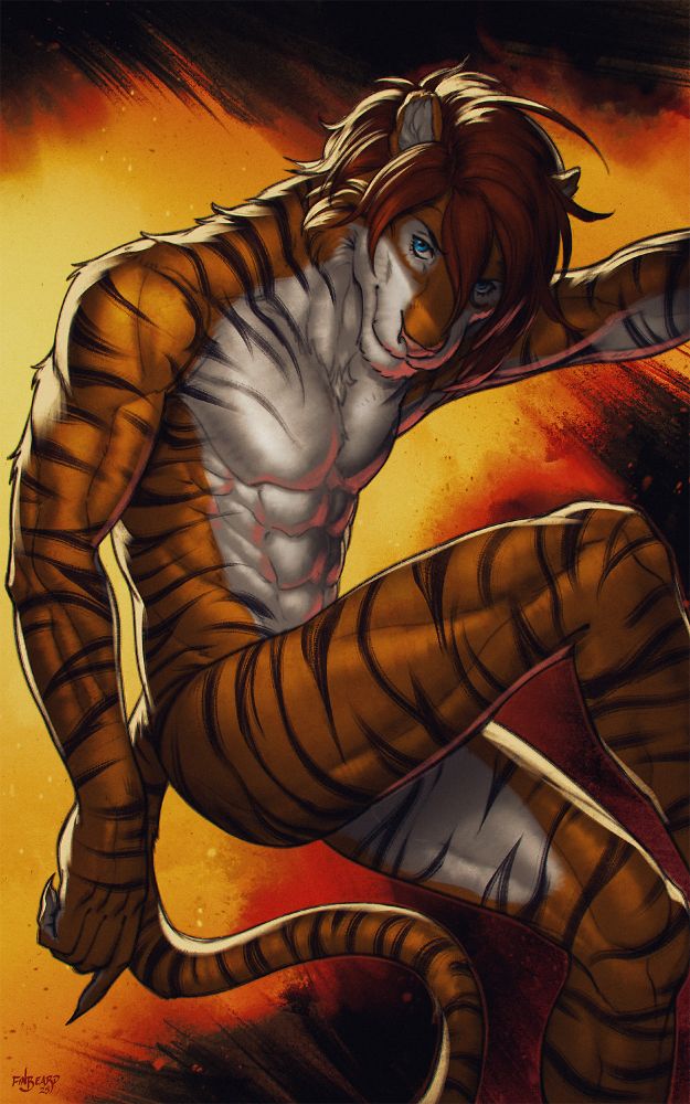 Digital painting of an anthro liger (lion-tiger hybrid) character displaying a lean, muscular physique against an abstract, fiery-hued background. They have touselled auburn hair an bright blue eyes, and are striking a pose as if they are climbing down from a ladder.