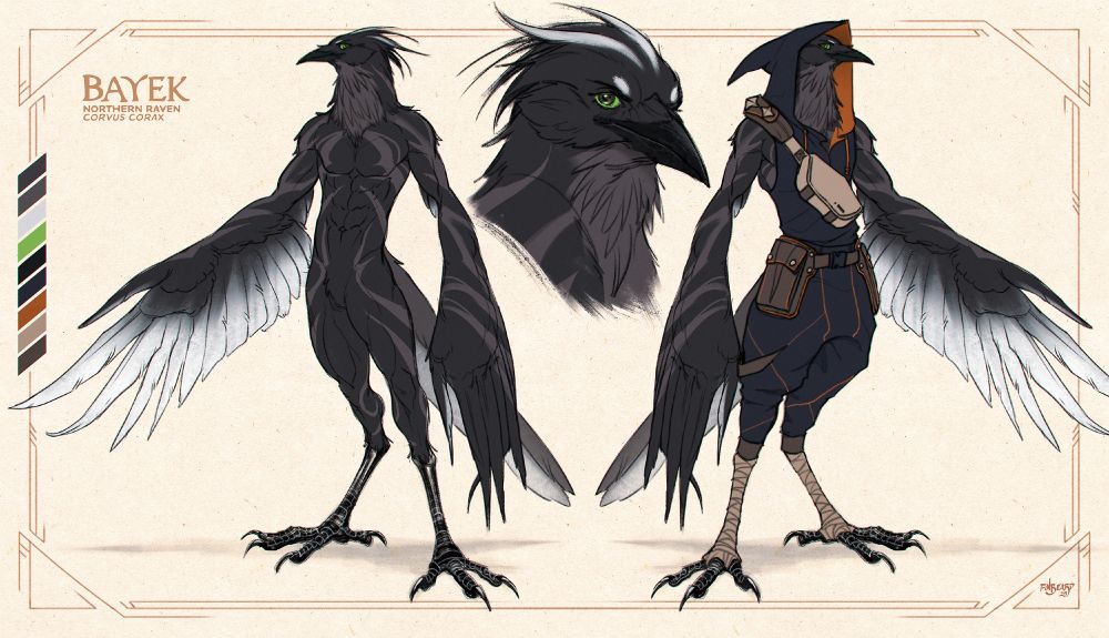 Reference sheet style illustration showing multiple views of an anthro raven furry character with a lean, athletic physique. They have black feathers with wide, striped patterns in a dark grey running up and down their whole body. Their arms are wing hands, with the inside side of their wing feathers fading gradually to white tips. They have white markings above their eyebrows and two white stripes in their slicked back, feathery hair. Also shown is a closeup view of their head and an athletic streetwear outfit with a crossbody bag and utility belt over a sleeveless hoodie and drop-crotch joggers, all in black with earth-tone and orange accents.

Text in image: "BAYEK, Northern Raven, Corvus Corax"
