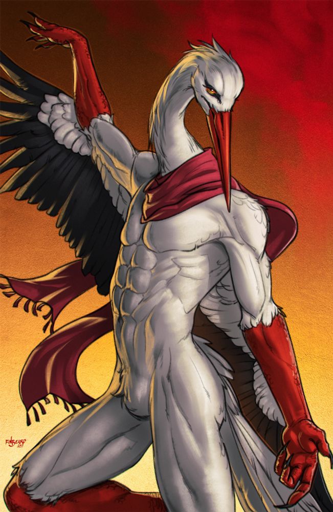 White stork avian anthro character strikes a pose under dramatic lighting, displaying a lean, athletically muscular physique against a golden background. They're wearing a red scarf and have arms that split at the elbows into wings and talons.