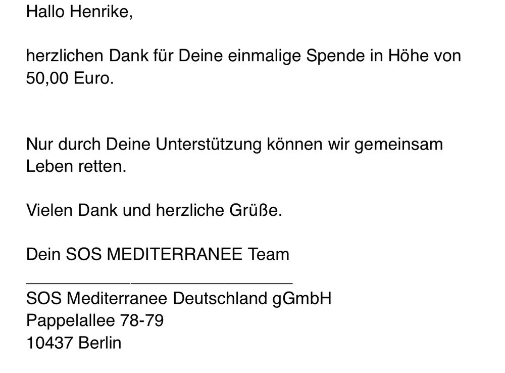 Spendenbestätigung über 50€ von SOS Mediterranee