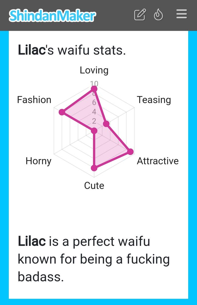 Lilac's waifu stats are Loving=9, teasing=3, Attractive=9, cute= 8, horny =0, fashion 8