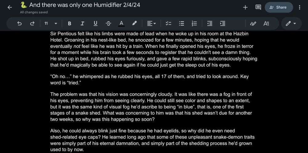 Screenshot of a Google Doc, "And there was only One Humidifier." Hoping to get chapter 1 up soonish so you can get it on AO3!