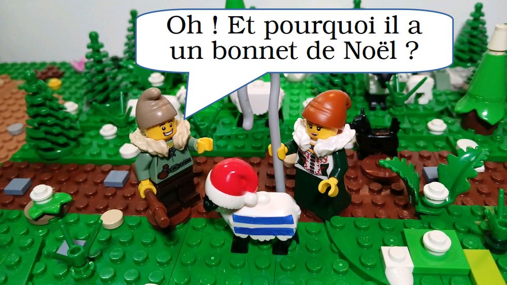 Un berger et une bergère sont devant un mouton rayé avec un bonnet de Noël. Le berger dit "Oh ! Et pourquoi il a un bonnet de Noël"