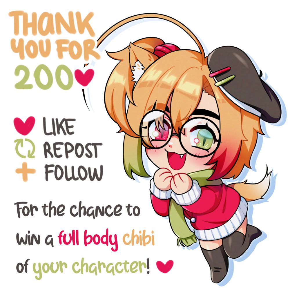 art raffle post picturing kae's chibi-fied sona wearing a black hat and stockings, green scarf and pink sweater!