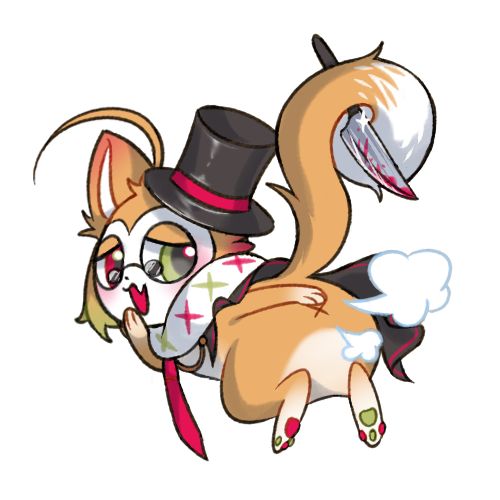 a picture of kae as a kukki (hana's mascot). they are dressed as jack the ripper, holding a knife with their tail while pooting... yes
