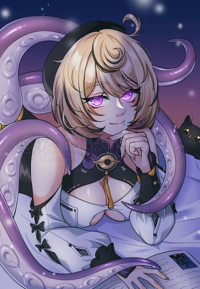 fanart of yidhari from zenless zone zero.
she is laying in bed with a book, observing the viewer. a little kitty is spotted on the right pestering her tentacles.