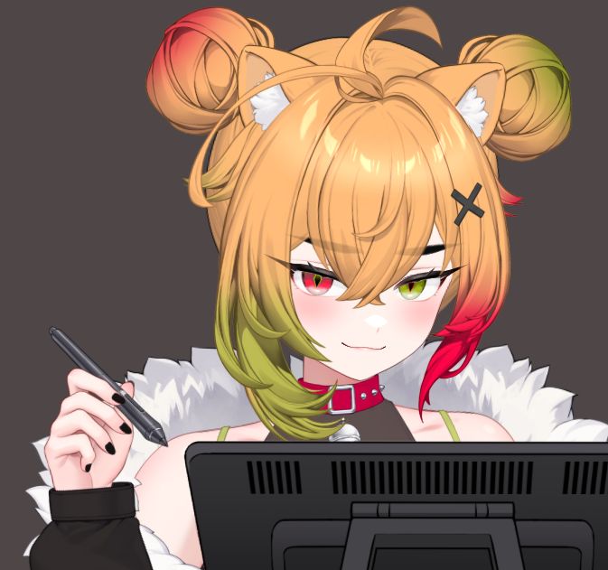 kae in front of a drawing tablet, holding a pen and smirking