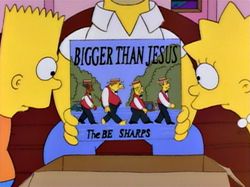 Simpsons episode where Homer tells the kids about his time as a member of a barbershop quartet. 
Picture has their album which is called “Bigger than Jesus”
