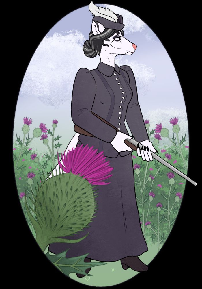 Ermine woman in edwardian era hunting dress walking through a field of thistles. Winter coat.