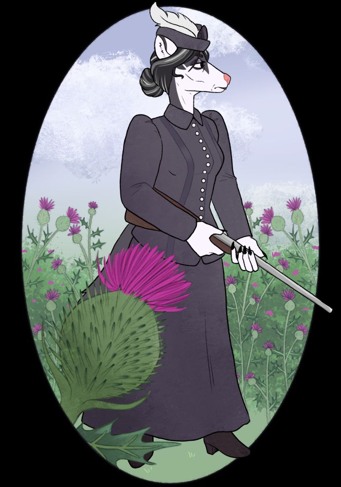 Ermine woman in edwardian era hunting dress walking through a field of thistles. Spring coat.
