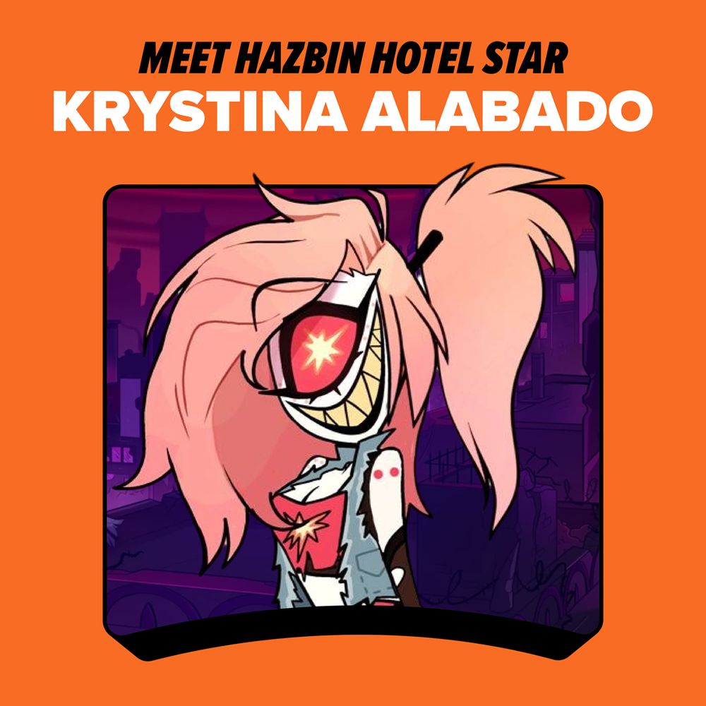 Square graphic with an orange background. The top text reads “Meet Hazbin Hotel Star Krystina Alabado.” Below is an illustration of a Hazbin Hotel character with messy pale-pink hair styled into a high ponytail, large star-shaped red eyes, and a wide sharp-toothed grin. The background shows a stylized purple underworld city.