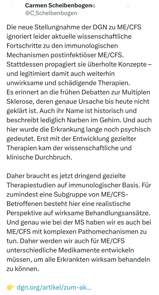 Screenshot einer Stellungnahme von Carmen Scheibenbogen auf X zur jüngsten Veröffentlichun der DGN zu ME/CFS 