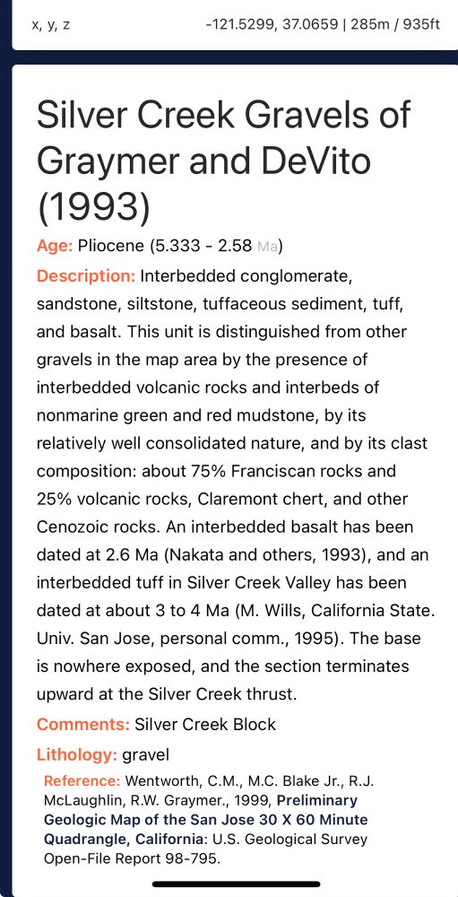 Age: pliocene 5.33–2.58 Ma

Description: interbedded conglomerate, sandstone, silt stone, tuffaceous sediment, tuff, and the salt. This unit is distinguished from other gravels in the map area by the presence of interbedded, volcanic rocks and beds of non-marine, green and red mud stone, but it’s relatively well consolidated nature, and by its clast composition: about 75% Franciscan rocks and 25% volcanic rocks, Claremont chert, and other Cenozoic rocks. An interbedded basalt has been dated at 2.6 Ma (Nakata and others, 1993) and an interbedded tuff in silver Creek Valley has been dated at about 3 or 4 Ma. (M.  Willis, California State University, San Jose. Personal comm. 1995) the base is nowhere exposed, and the section terminates upward at the Silver Creek thrust.
Comments: Silver Creek block
Lithography: gravel 
Reference:  Wentworth, CM (and others) US geological survey open file report 98–795.