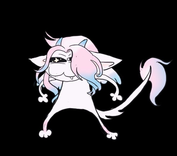 A digital drawing of Glitter, a white, pink, and blue fluffy dragon, drawn in the style of Pipi the cat. 
