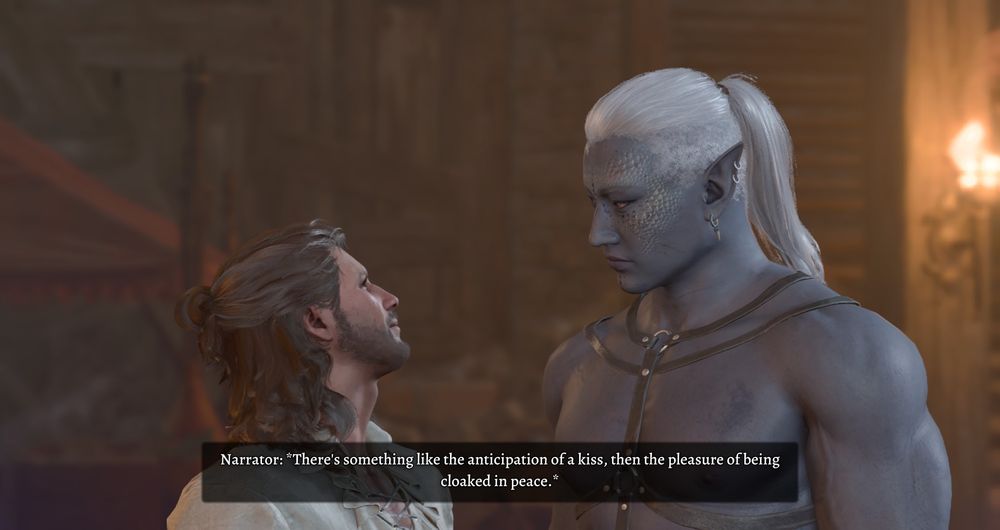 Raz and Gale, staring at each other. The Narrator is saying "There's something like the anticipation of a kiss, then the pleasure of being cloaked in peace."
