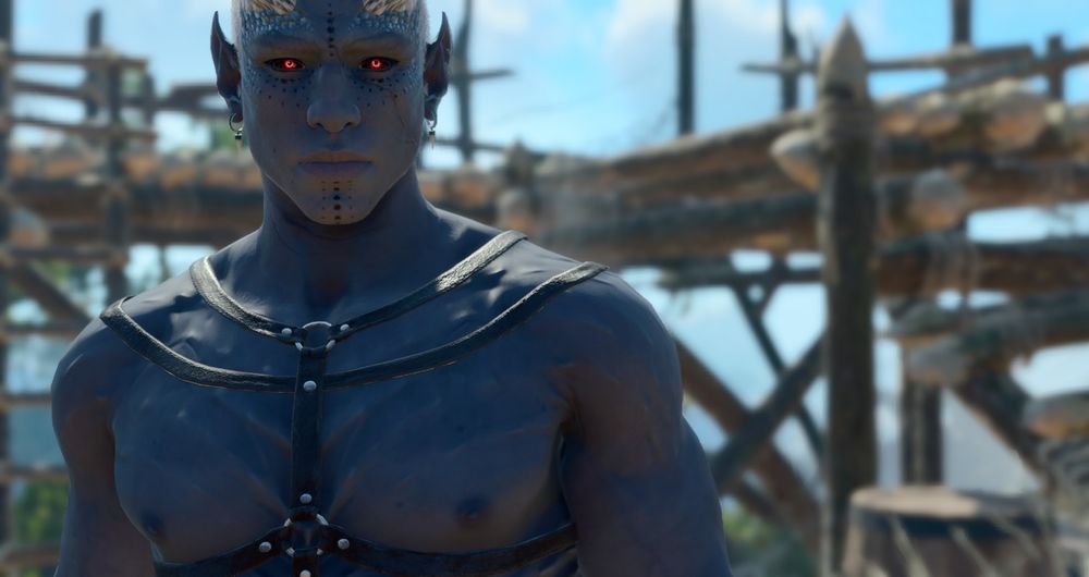 the same Tiefling as before, this time not splattered with blood. he looks emotionless, and is wearing a harness that doesn't cover very much.