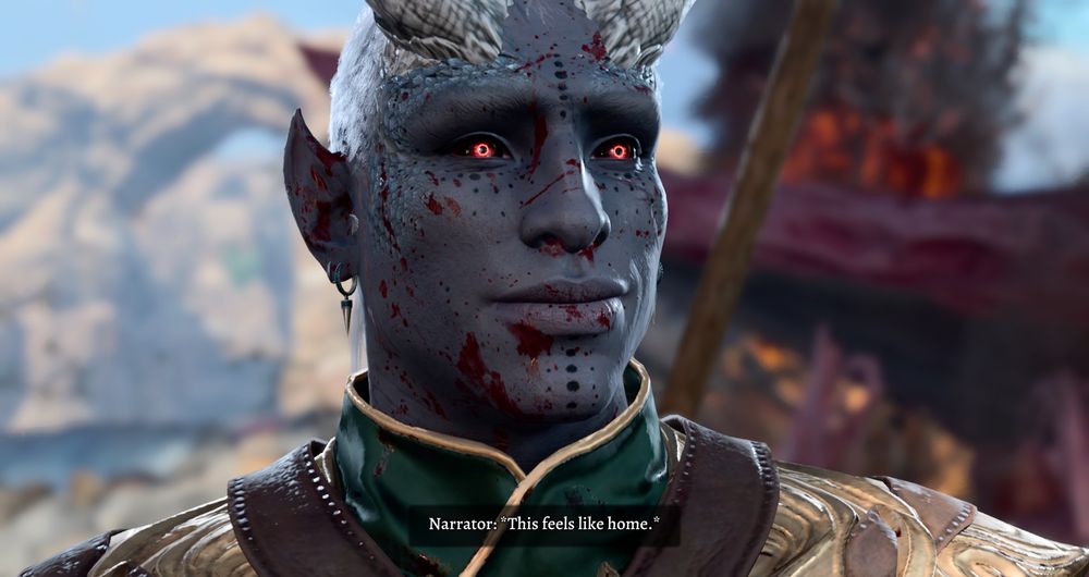 a screenshot from Baldur's Gate 3, showing a purple Tiefling with red eyes splattered with blood. The Narrator says "This feels like home."