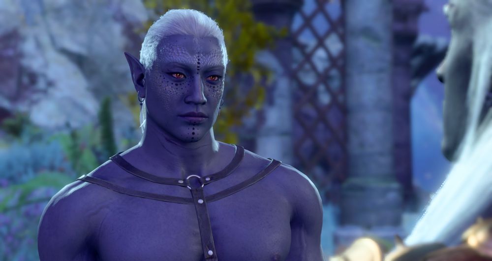 a screenshot from Baldur's Gate 3, showing Raz, a Drow with purple skin, white hair, and red eyes. he's wearing a harness instead of a shirt, and is peering at someone.