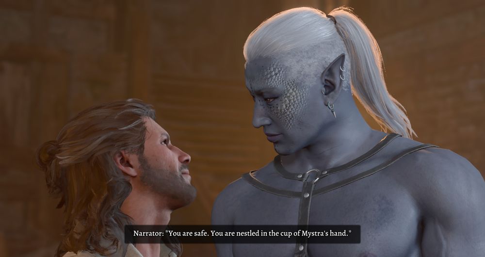 a closer view of Raz and Gale, staring longingly ta each other. The Narrator says "You are safe. You are nestled in the cup of Mystra's hand."