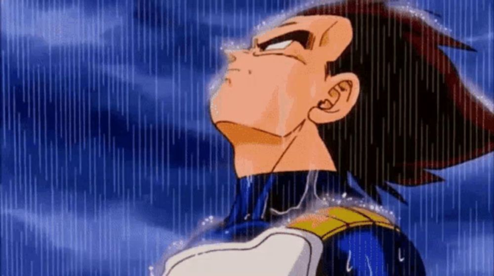 a cartoon character from dragon ball z is standing in the rain looking up .