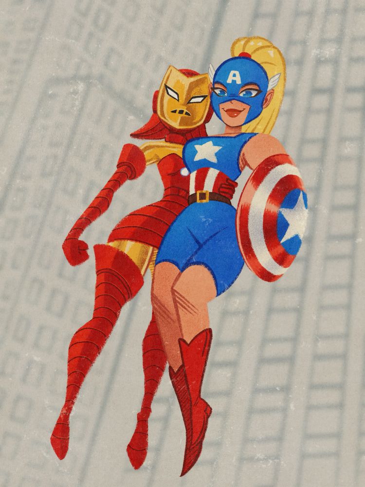 Iron Man and Captain America genderbend from marvel comics Avengers in a cartoon pinup retro midcentury modern inspired style with Stark flying and holding Cap around her waist while they look down on the viewer. It is a redraw of a panel from an actual Marvel comics 