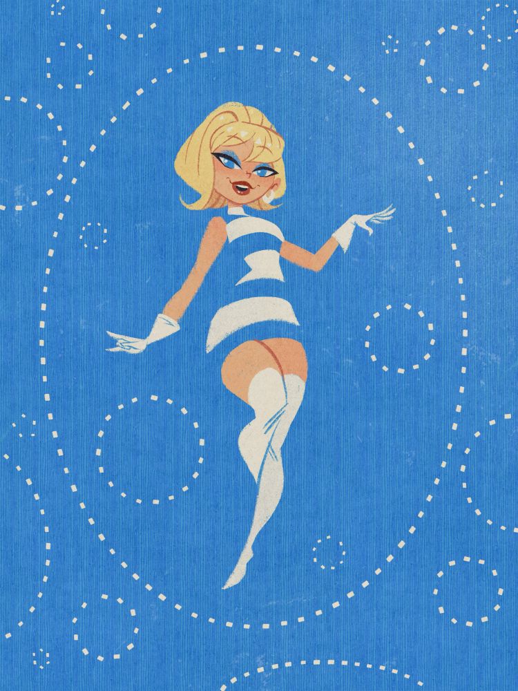Sue Storm aka the invisible woman of marvel comics Fantastic Four in a midcentury modern inspired retro cartoon style pinup style in a very sixties outfit floating amongst invisible forcefield bubbles