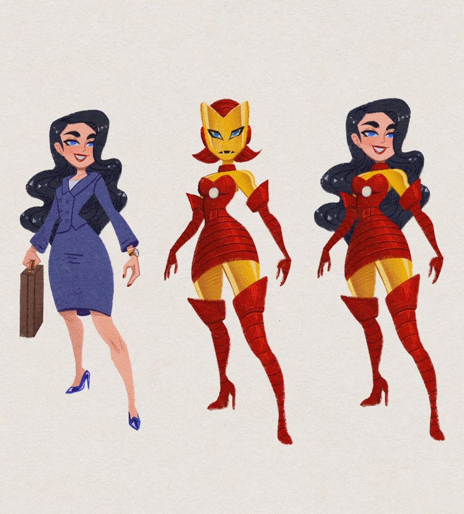 three full body poses of Tony Stark aka Iron Man of Marvel comics genderbent into a woman in a midcentury modern inspired retro cartoon style in her civilian outfit holding a briefcase, in a 60s style retro cartoon dress reminiscent of the model 3 armour with a Madame masque inspired spiked faceplate and in the armour from the neck down with her hair exposed coming all the way down to her waist