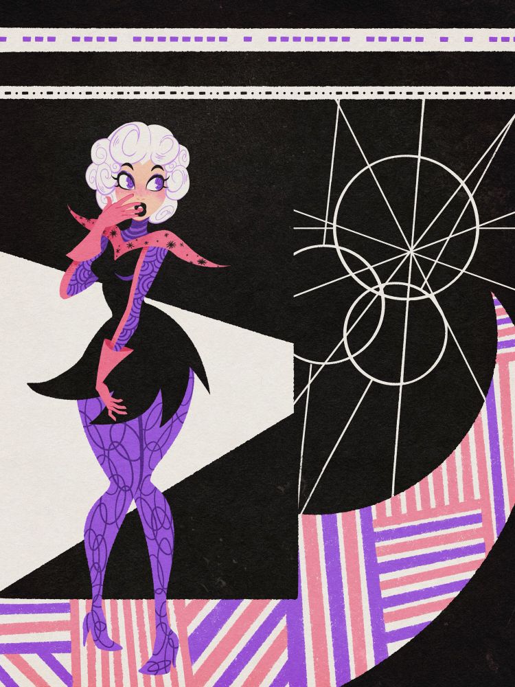 clea strange of marvel comics faltine in a midcentury modern meets pinup illustration style in black, white, pink, and purple with abstract designs framing her 