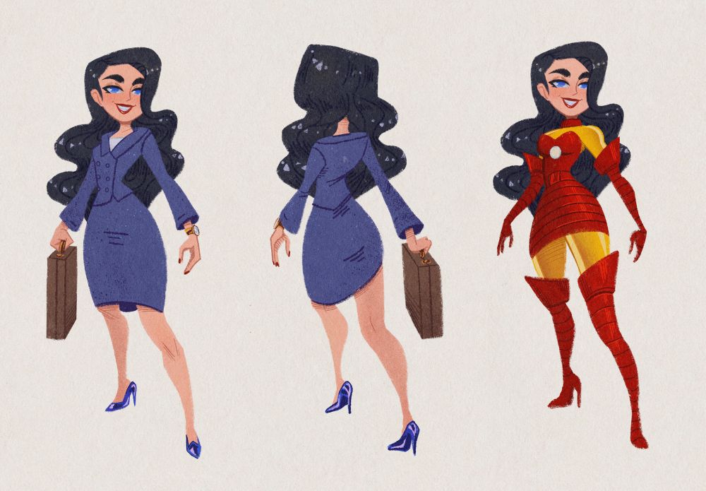 Tony Stark aka Iron Man as a woman from marvel comics in a midcentury modern inspired retro cartoon pinup style turnaround sheet featuring front and back in her civilian identity wearing a 1960s professional corporate outfit carrying a briefcase with long hair down to her ass and a front facing shot of her in her iron suit without the helmet to show off her face